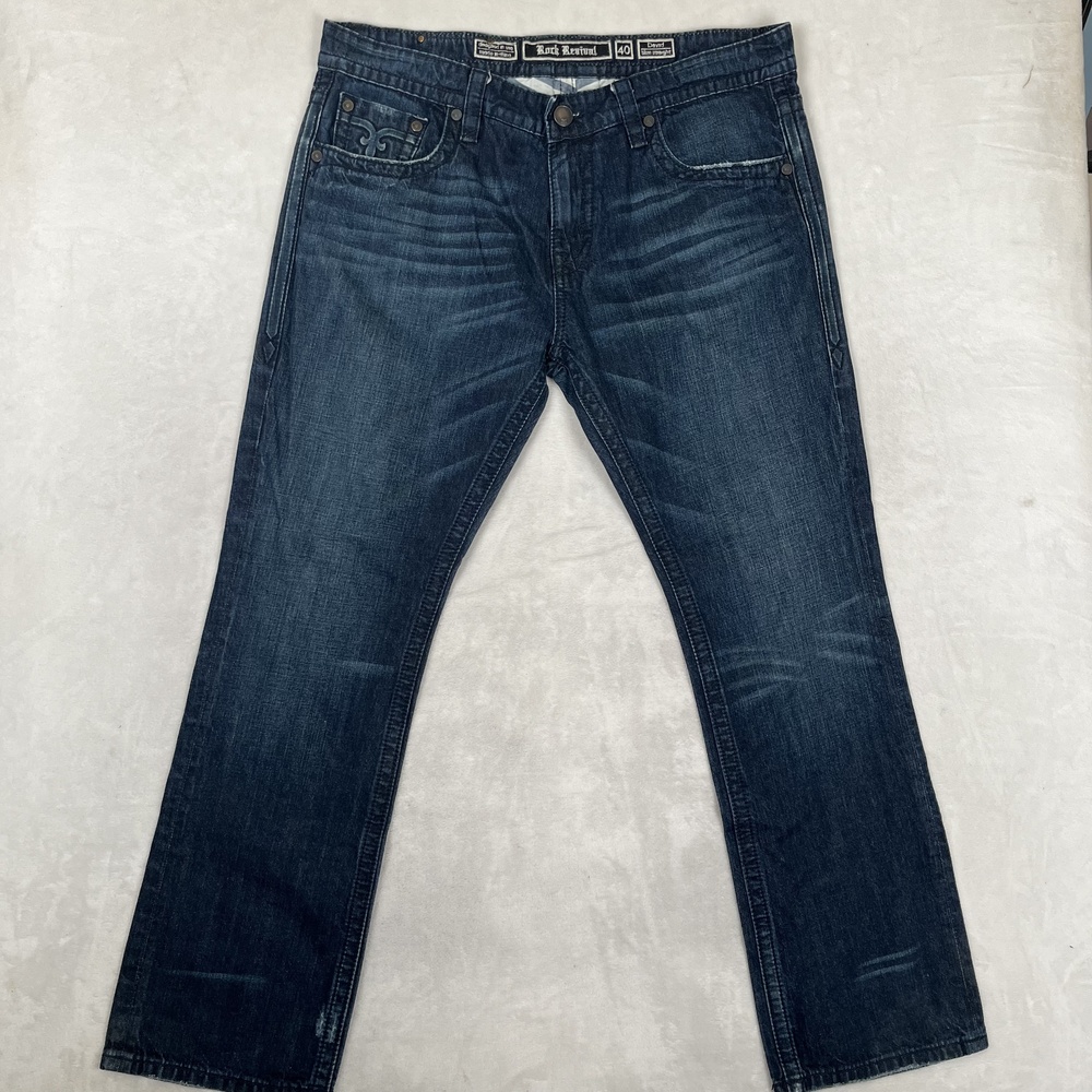 Rock Revival Davyd Jeans Mens 40x34 Blue Slim Straight Denim Med Wash Pants